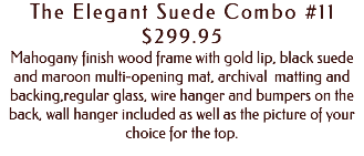 The Elegant Suede Combo #11 $299.95 Mahogany finish wood frame with gold lip, black suede and maroon multi-opening mat, archival matting and backing,regular glass, wire hanger and bumpers on the back, wall hanger included as well as the picture of your choice for the top. 